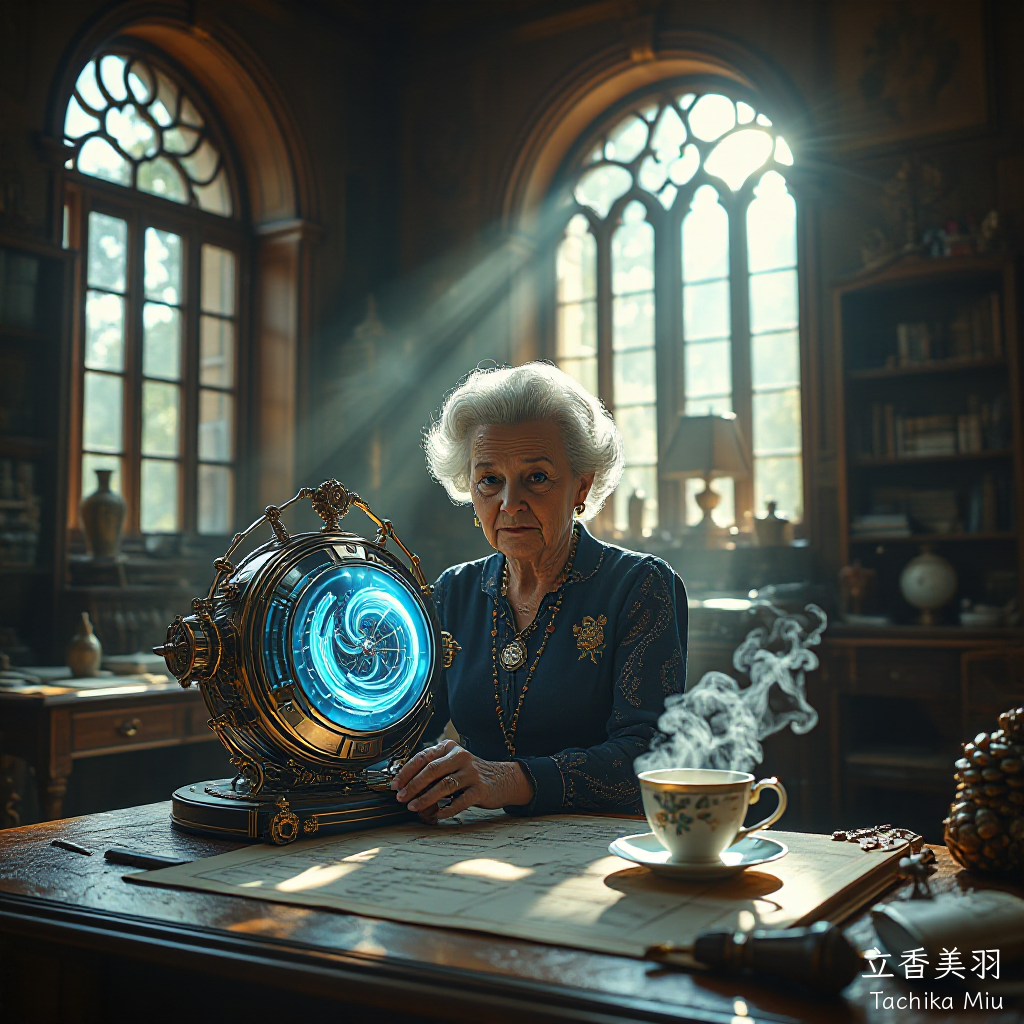 An elderly female horologist in a fantastical workshop, a masterpiece generated by the FLUX model